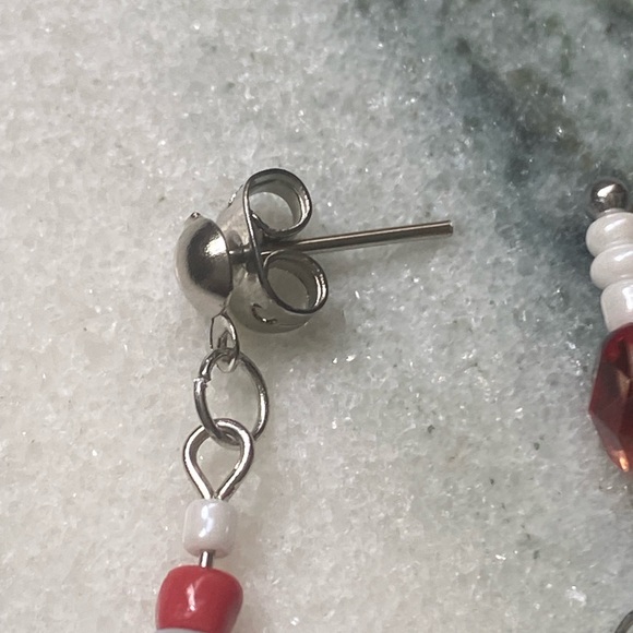 Sale 2 for $10 NWOT handmade red white beaded drop and dangle post earrings - Picture 3 of 6